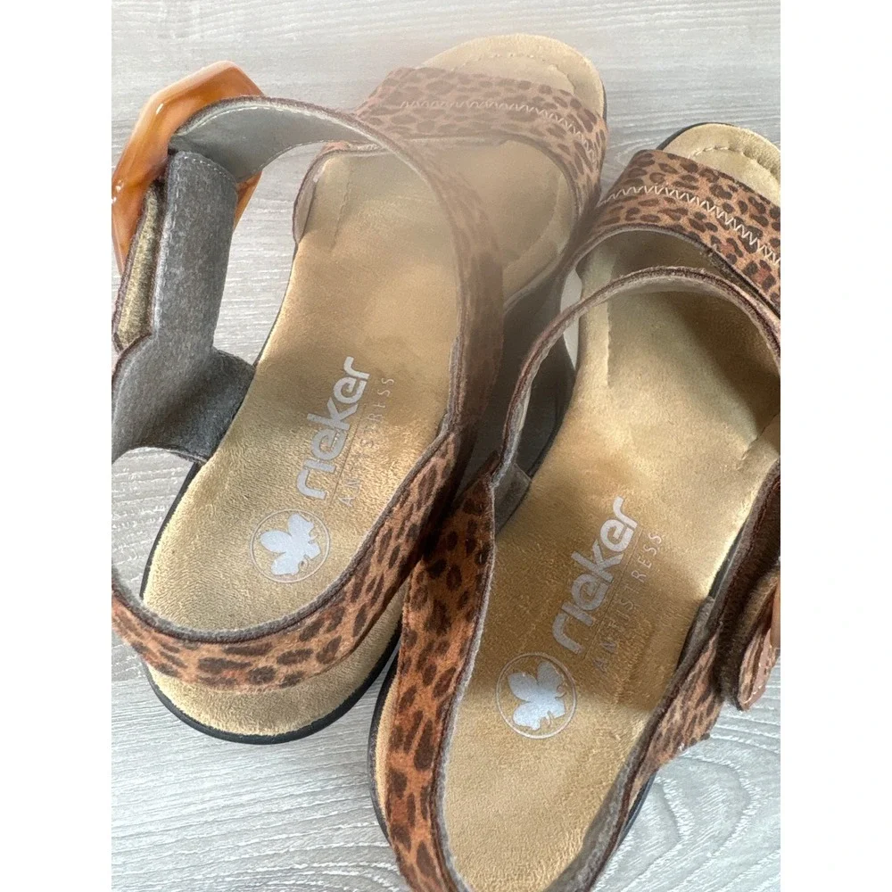 Rieker Antistress Leopard Print Wedge‎ Platform Sandals Buckle Brown Womens 40